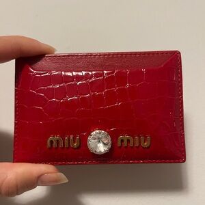 Miu Miu Red Croc-Embossed Card Case with Gold Logo